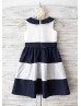 Ivory Navy Blue Stripe Taffeta Knee Length Flower Girl Dress 